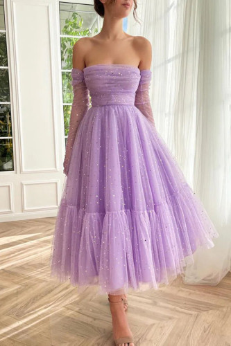 Romantic and Sweet Sequined Tulle Ruched Off Shoulder Layered Midi Dress