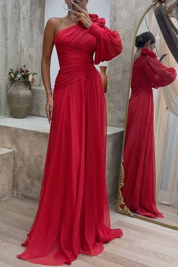 Solid Color Floral Pleated One Shoulder Sleeve Slit Maxi Dress