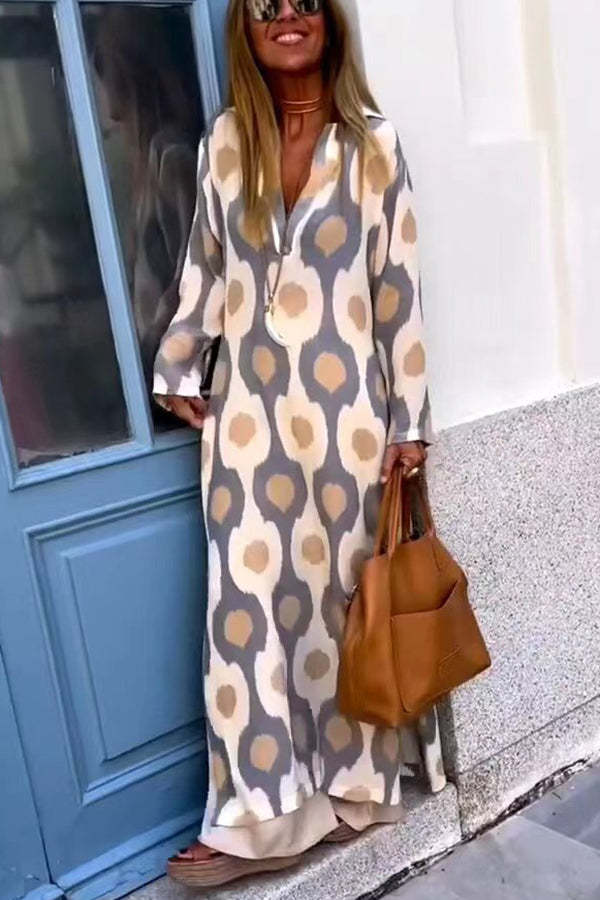 Abstract Leopard Print Long Sleeve Shirt Maxi Dress