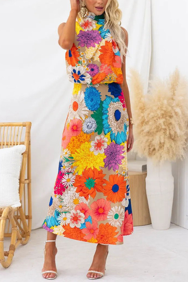 Floral Print Halter Neck Elastic Waist Party Maxi Dress