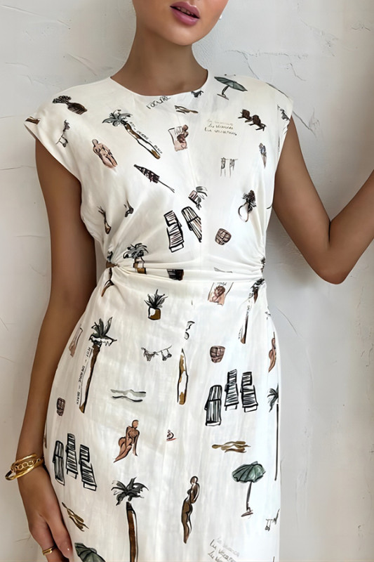 Round Neck Unique Printed Cutout Elastic Waist Short Sleeve Maxi Dress