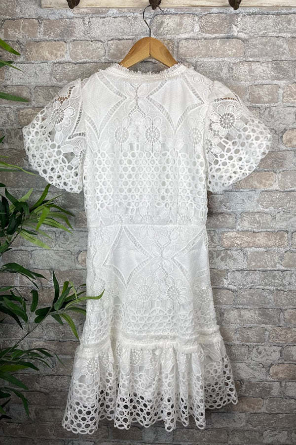 Crochet Lace Puff Sleeve Button Up Mini Dress