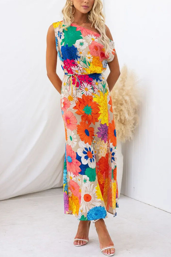Floral Print Asymmetric Neck Elastic Waist Party Maxi Dress