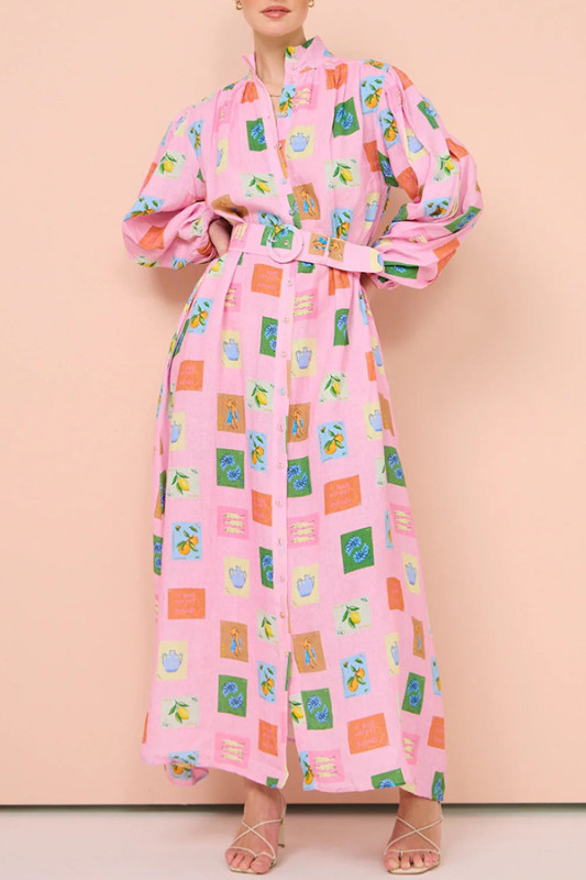 Emblem Print Balloon Sleeve Belted Shirt Maxi Dress