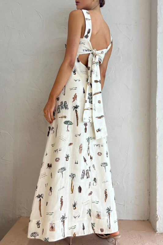 Unique Printed Pocket Strap Backless Lace Up Maxi Dress