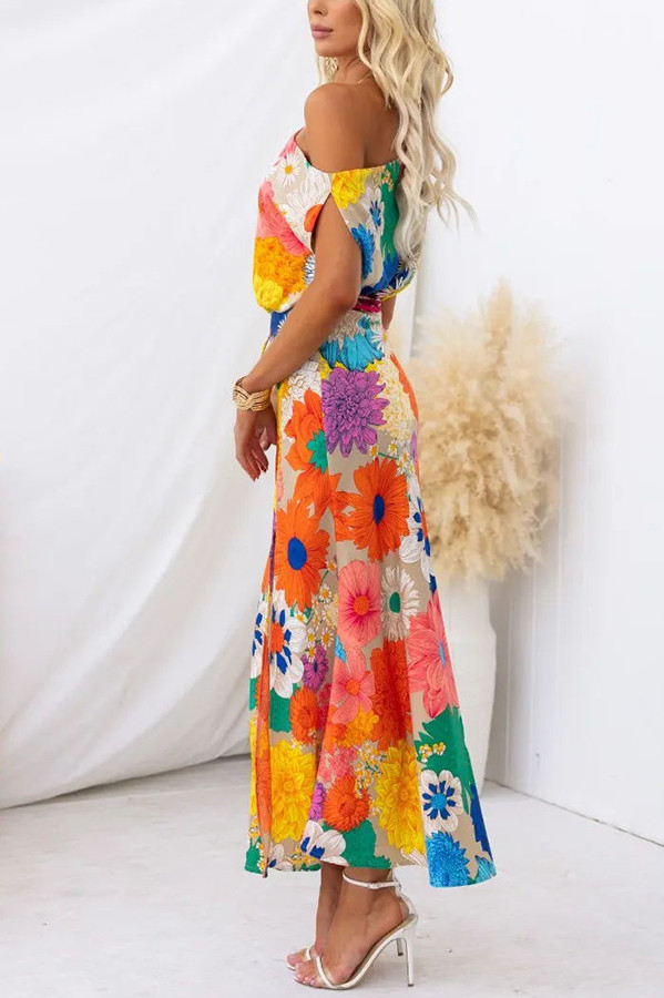 Floral Print Asymmetric Neck Elastic Waist Party Maxi Dress