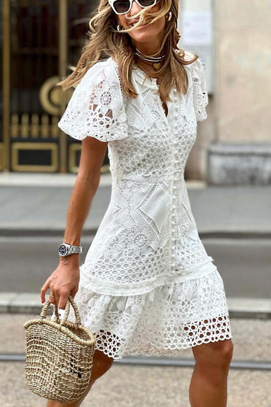 Crochet Lace Puff Sleeve Button Up Mini Dress