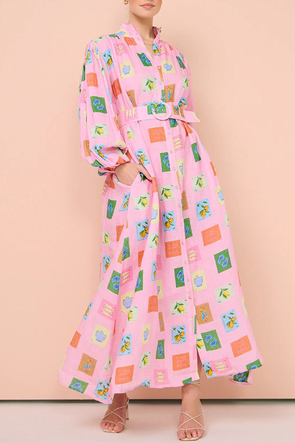 Geometric Print Belted Long Sleeve Maxi Dress