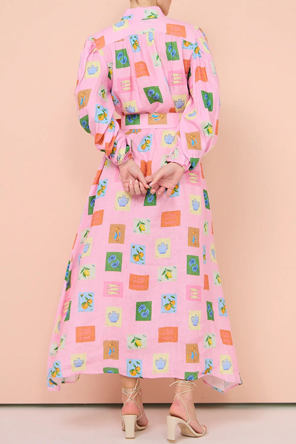 Geometric Print Belted Long Sleeve Maxi Dress