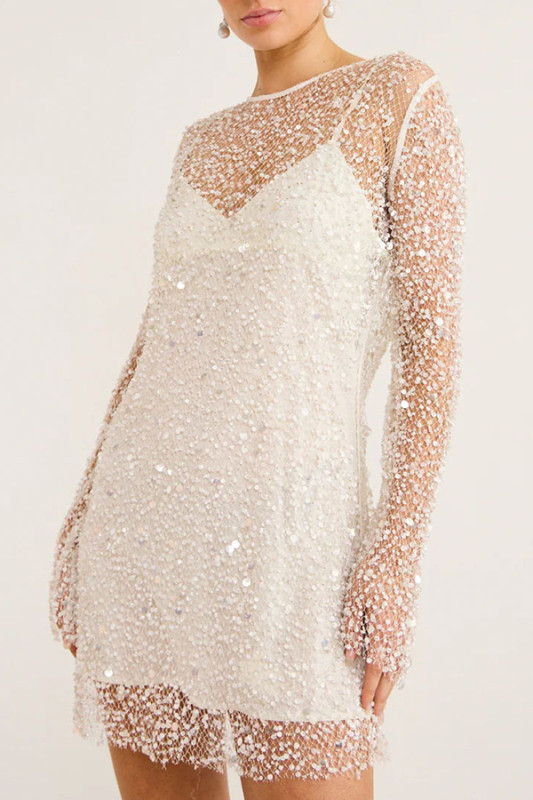 Sequins and Pearls Fabric Mini Dress with Separate Slip