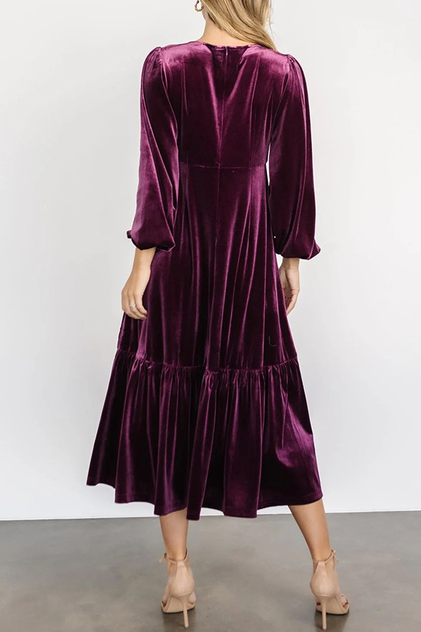 Puff Sleeved Velvet Ruffled Midi Dress