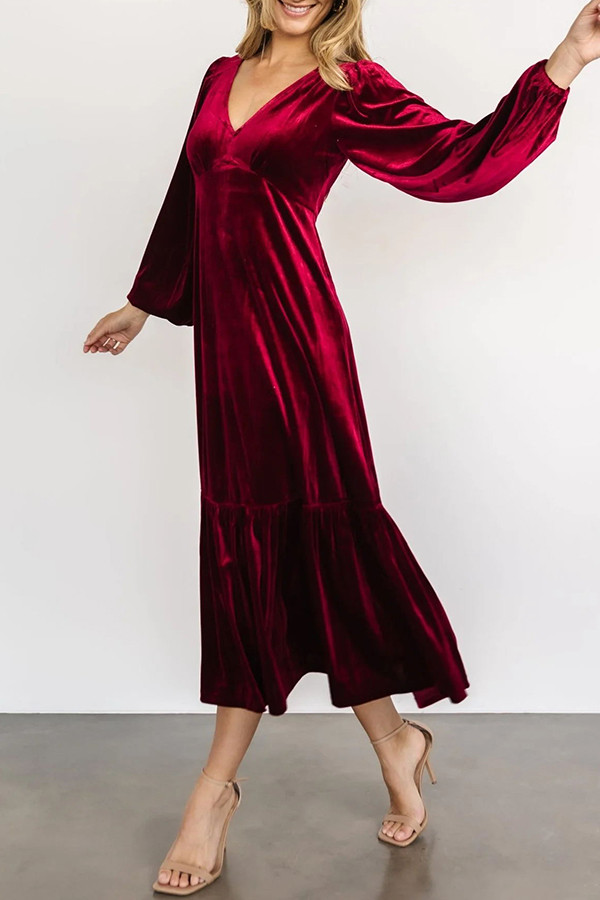 Puff Sleeved Velvet Ruffled Midi Dress