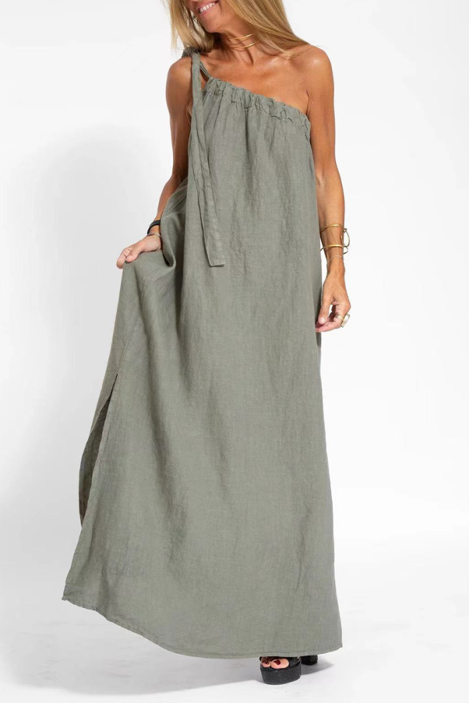 Casual Simplicity Solid Slit Asymmetrical Oblique Collar Sleeveless Dress Dresses