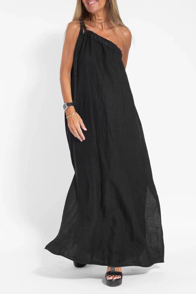 Casual Simplicity Solid Slit Asymmetrical Oblique Collar Sleeveless Dress Dresses