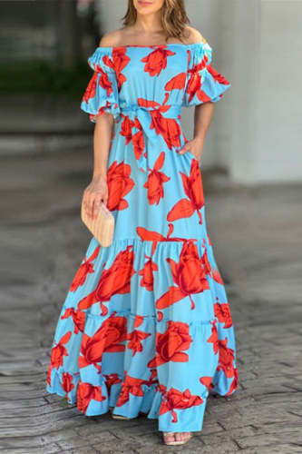 Street Elegant Floral Fold Off the Shoulder Printed Dress Dresses