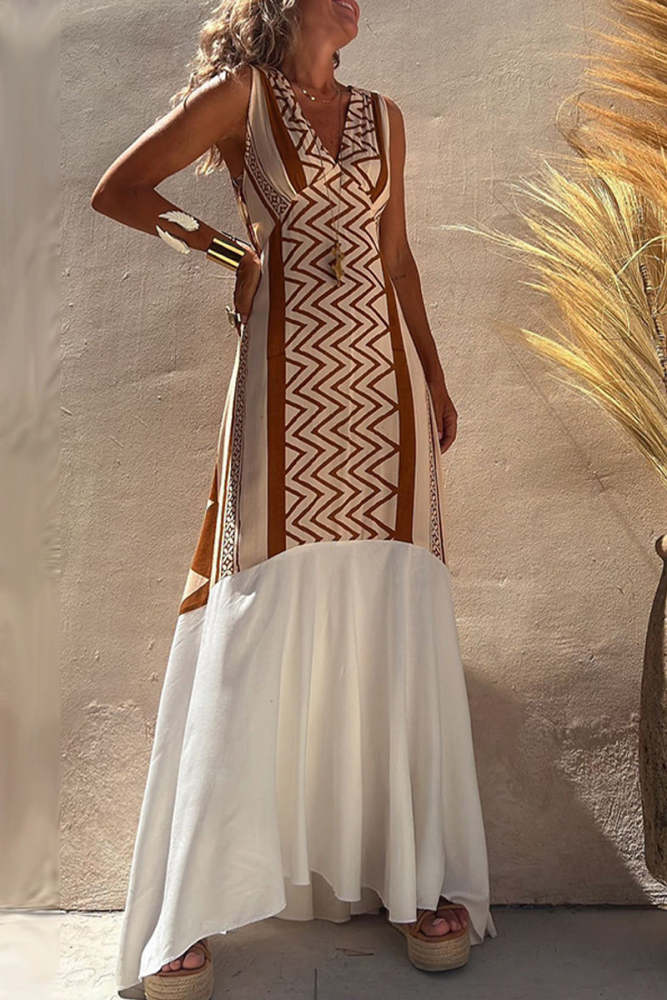 Casual Geometric Patchwork Contrast V Neck Irregular Dress Dresses