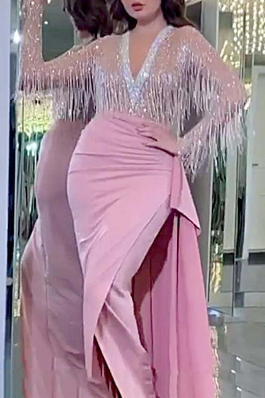 Sexy Elegant Bronzing Tassel V Neck Evening Dress Dresses