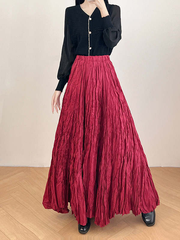 Solid High Waist Skirt, Elegant Pleated A Line Midi Skirt, Women's Clothing