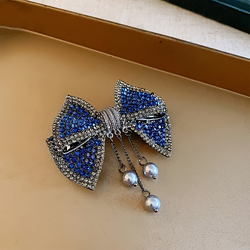 1pc, Elegant Shiny Vintage Bow Hair Clip, Rhinestones Royal Blue Tassel Bow Spring Clip, Women Girls Casual Party Outdoor Decors, Princess Fairy Style Barrette Hair Accessories, Gift Photo Props