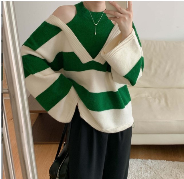 Striped Pattern Cold Shoulder Sweater, Casual Lantern Sleeve Sweater For Fall & Winter, Women's Clothing