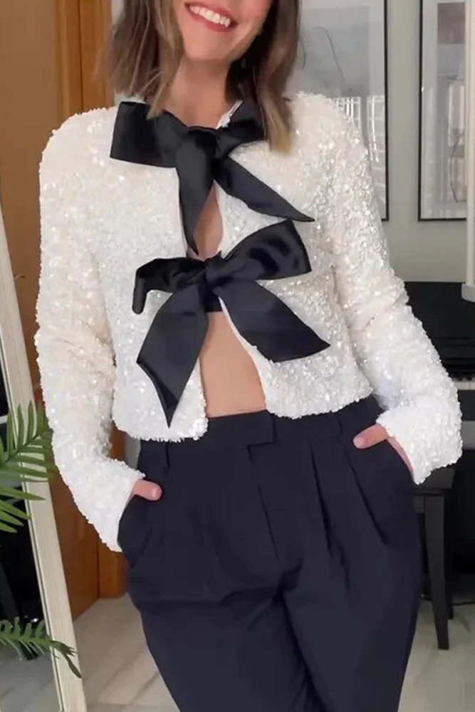 Sexy Solid Sequins With Bow O Neck Outerwear