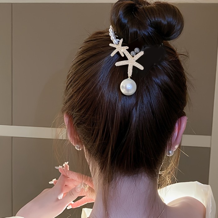 Elegant Rhinestone Ponytail Buckles, Starfish Design With Imitation Pearl Hair Clips, For Women Girls Daily Decors, Ideal choice for Gifts