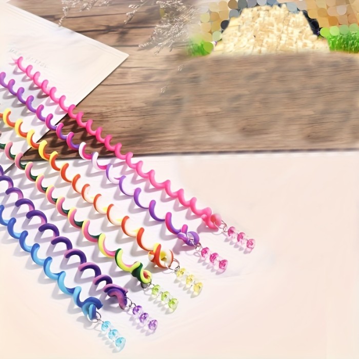 6pcs Rainbow Color Hair Styling Twister Clip Cute Long Rubber Hair Braided Band With Crystal Beads Decor Hair Accessories For Women