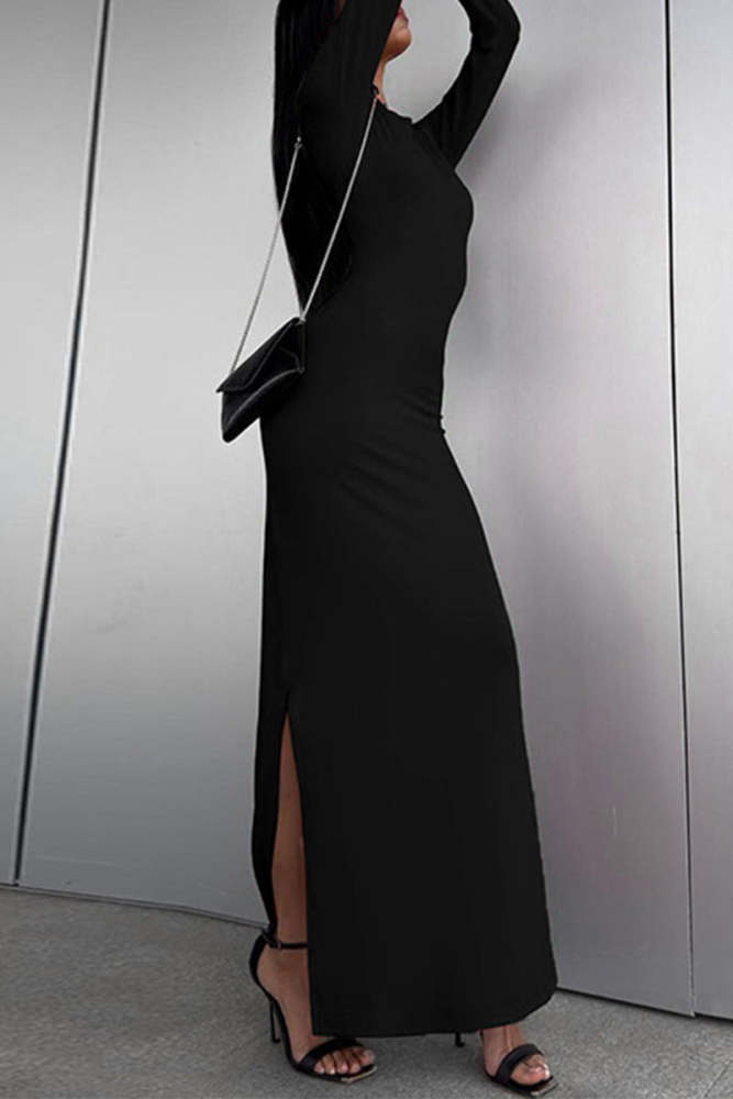 Elegant Solid Slit O Neck Long Sleeve Dresses