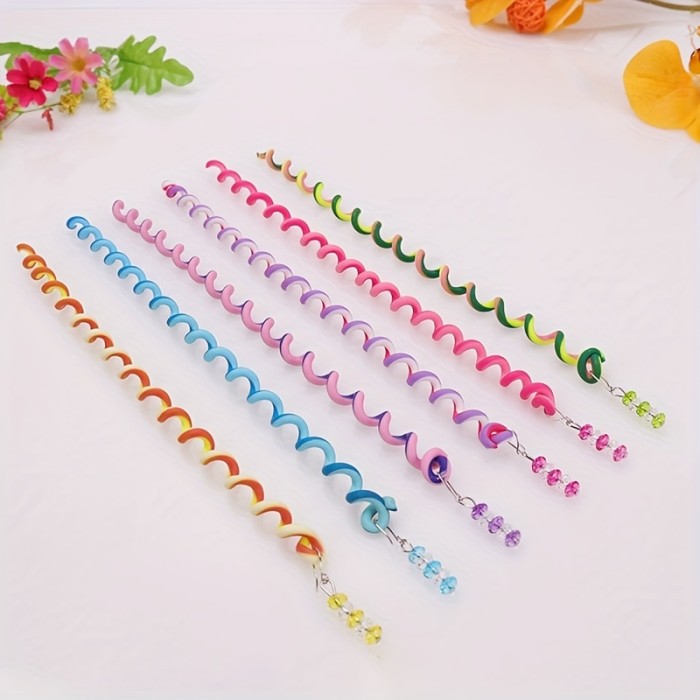 6pcs Rainbow Color Hair Styling Twister Clip Cute Long Rubber Hair Braided Band With Crystal Beads Decor Hair Accessories For Women