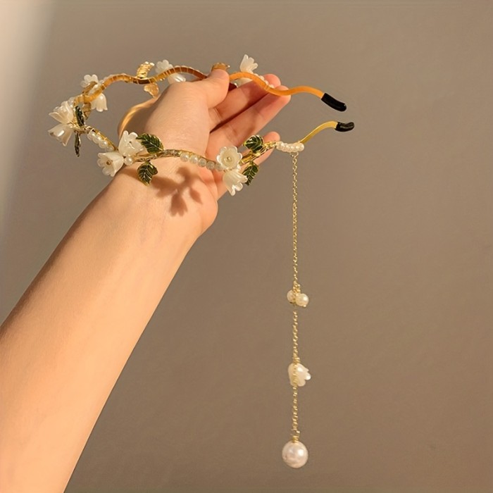 1pc Girl's New Vintage White Lily Flower Faux Pearl Tassel Temperament Elegant Women's Hair Hoop Hair Accessories, Ideal choice for Gifts