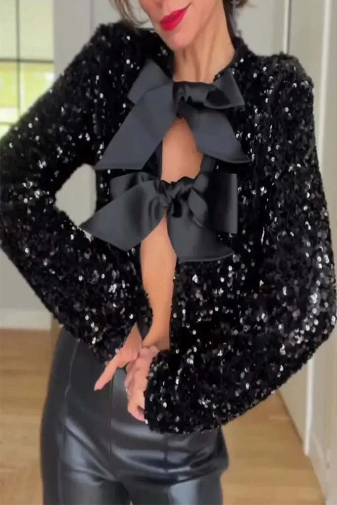 Sexy Solid Sequins With Bow O Neck Outerwear