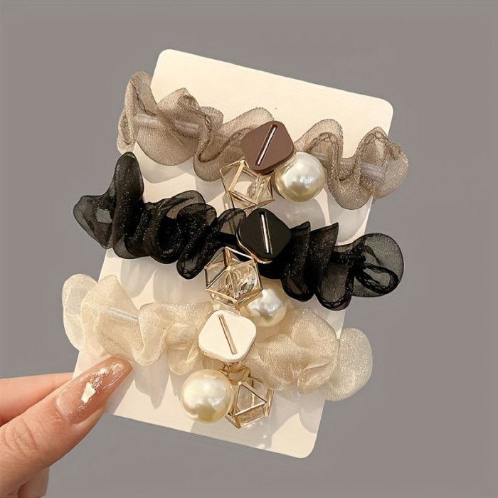 3pcs, Cute Elegant Mesh Large Hair Ties, Faux Pearl Charms Ponytail Hair Ropes, Women Girls Daily Outdoor Decors, Versatile Hair Accessories, Ideal choice for Gifts