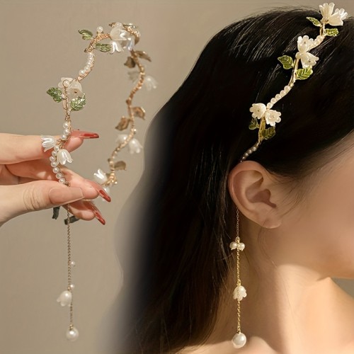 1pc Girl's New Vintage White Lily Flower Faux Pearl Tassel Temperament Elegant Women's Hair Hoop Hair Accessories, Ideal choice for Gifts