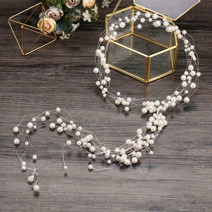 1pc Plastic New Imitation Pearl Hand-knit Hair Tassel Hair Hoop, Bridal Headdress Multi-layer Long Hairband Hair Accessories, Ideal choice for Gifts