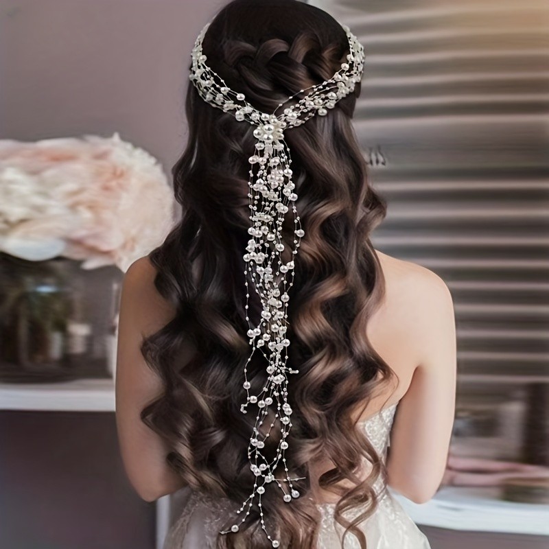 1pc Plastic New Imitation Pearl Hand-knit Hair Tassel Hair Hoop, Bridal Headdress Multi-layer Long Hairband Hair Accessories, Ideal choice for Gifts