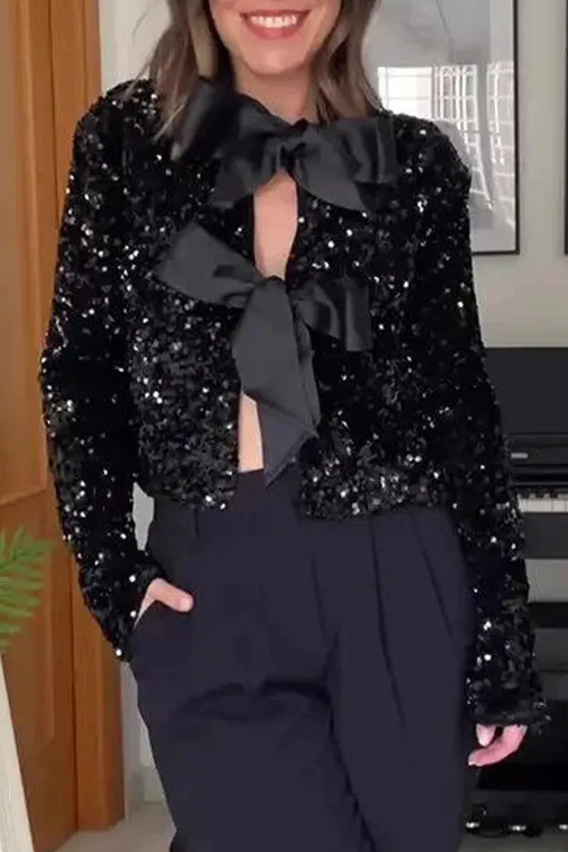 Solid Sequins O Neck Tops main image 1