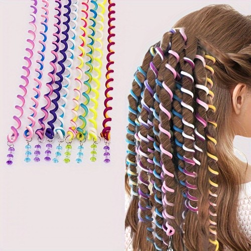 6pcs Rainbow Color Hair Styling Twister Clip Cute Long Rubber Hair Braided Band With Crystal Beads Decor Hair Accessories For Women