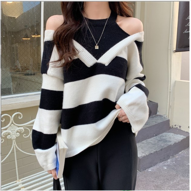 Striped Pattern Cold Shoulder Sweater, Casual Lantern Sleeve Sweater For Fall & Winter, Women's Clothing