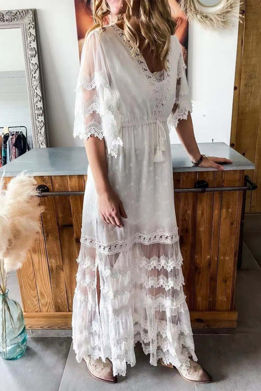 Sexy Vacation Solid Lace Tassel V Neck A Line Dresses
