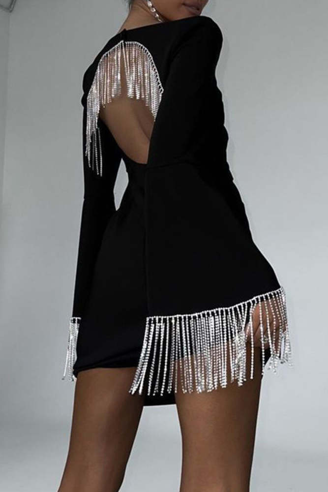 Sexy Solid Tassel Hollowed Out Square Collar A Line Dresses