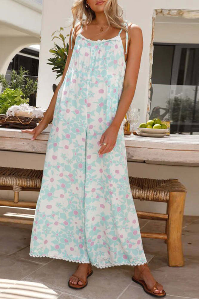 Casual Sweet Floral Backless U Neck Loose Jumpsuits