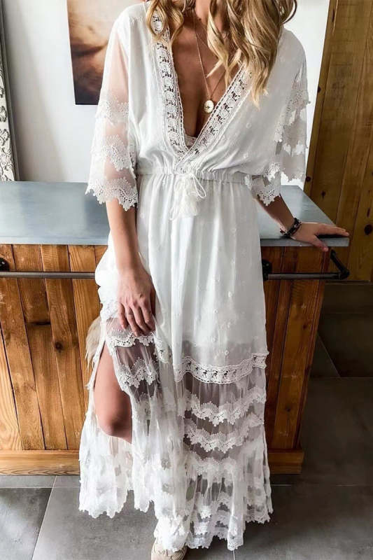 Sexy Vacation Solid Lace Tassel V Neck A Line Dresses
