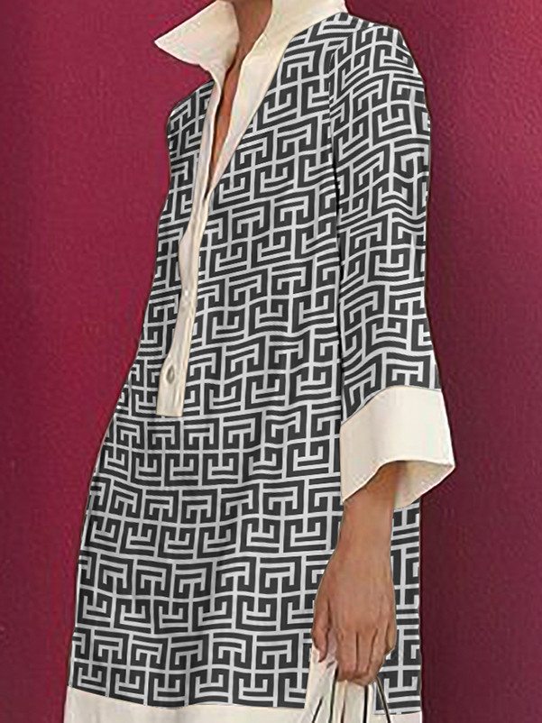 Long Sleeves Three-Quarter Sleeves Buttoned Printed Lapel Mini Dresses
