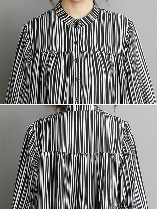 Vintage Loose Striped Buttoned Stand Collar Long Sleeves Midi Dress