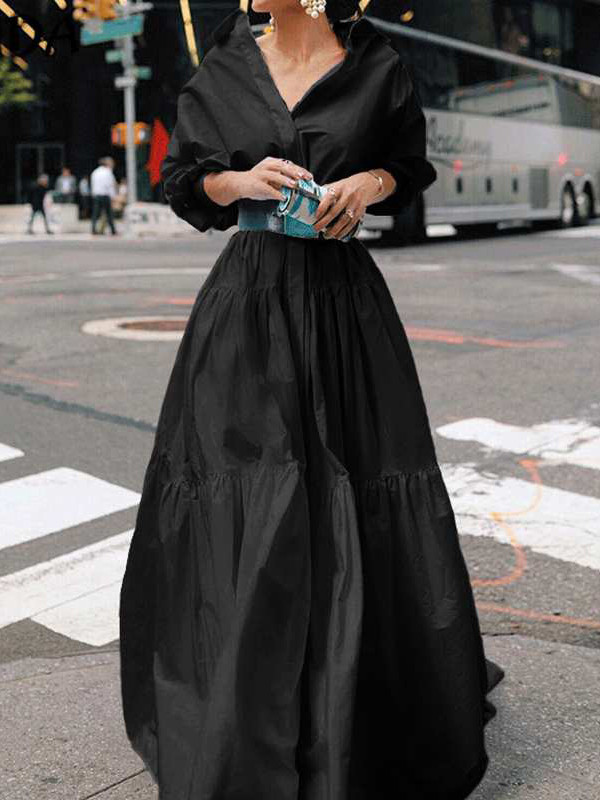 Long Sleeves Loose Belted Pleated Solid Color Lapel Maxi Dresses