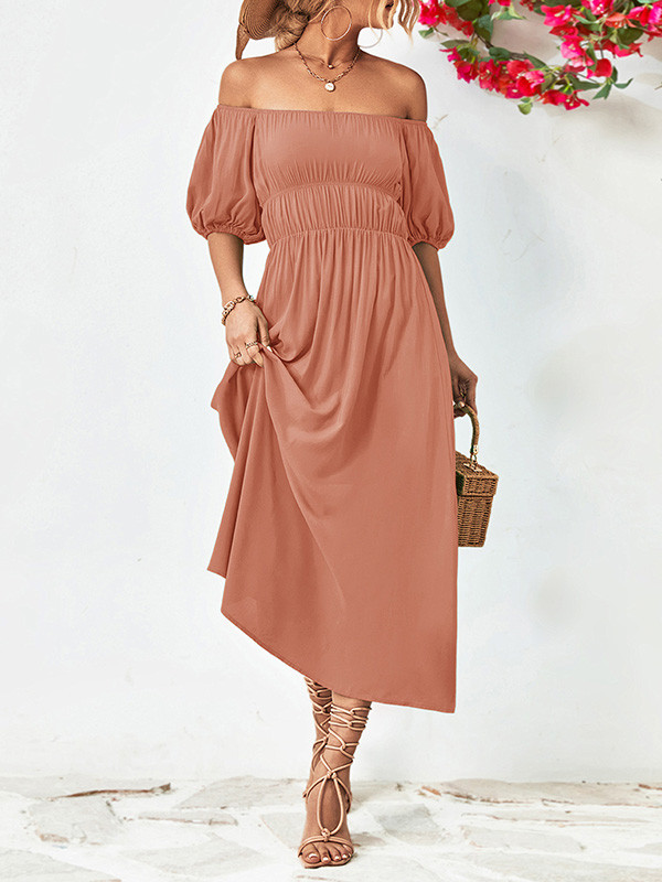Loose Short Sleeves Solid Color Off-The-Shoulder Midi Dresses