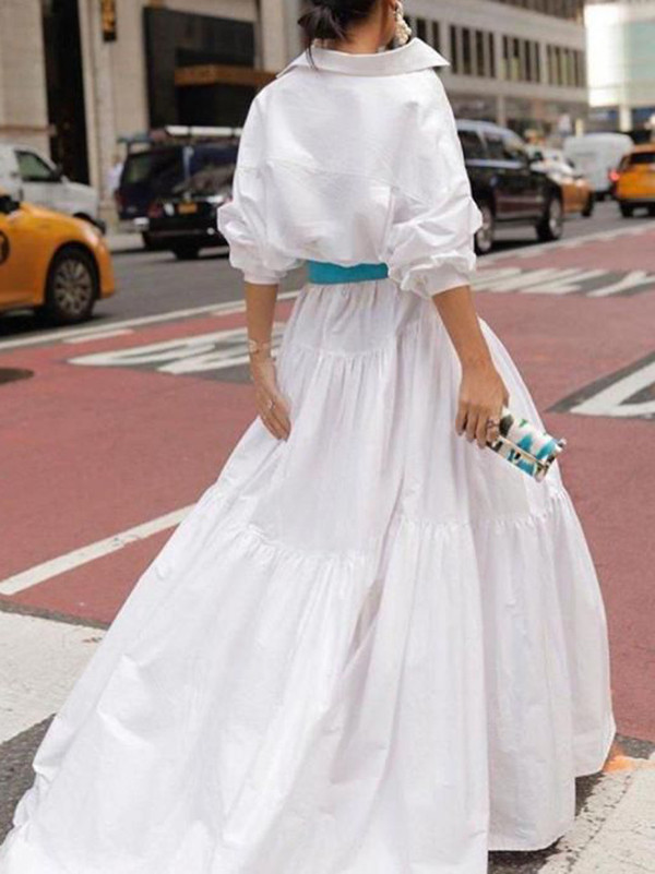Long Sleeves Loose Belted Pleated Solid Color Lapel Maxi Dresses