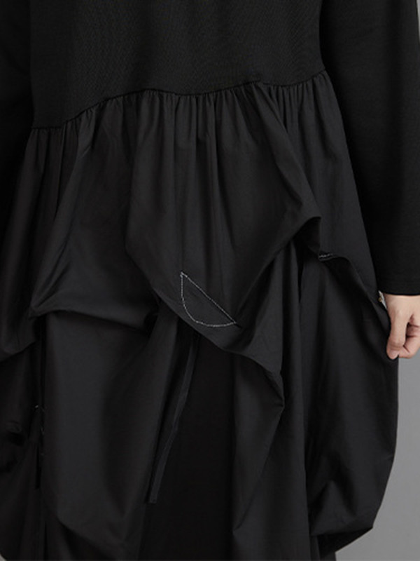Vintage Long Sleeves Loose Split-Joint Solid Color Round-Neck Midi Dresses