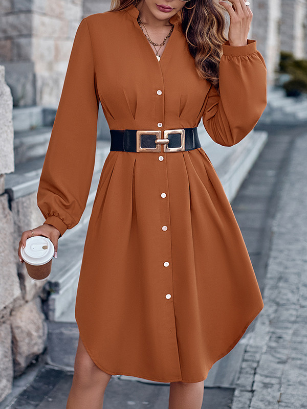 Long Sleeves Loose Buttoned No Belt Pleated Solid Color V-neck Midi Dress