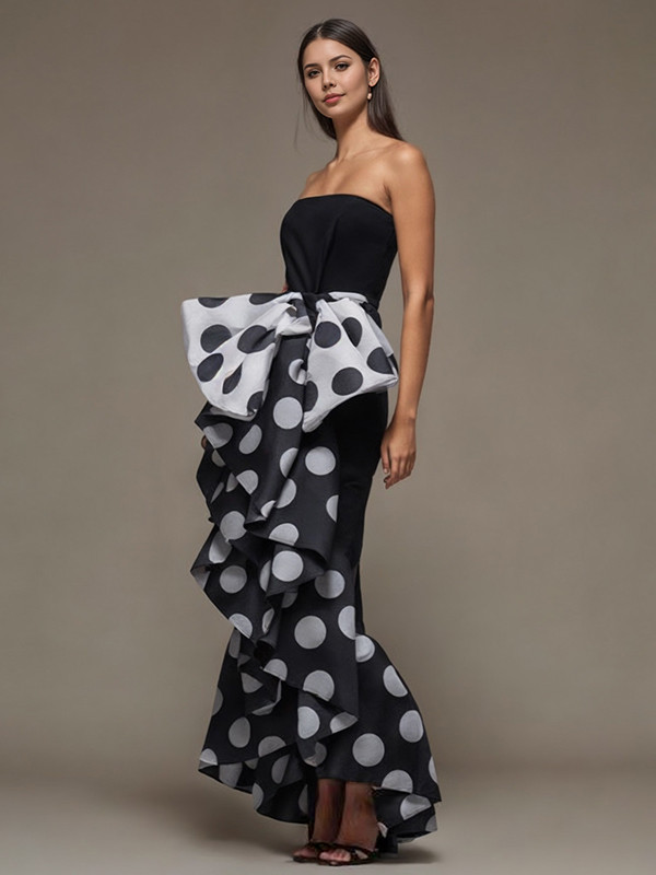 Skinny Sleeveless Bow-Embellished Pleated Polka-Dot Split-Joint Tube Maxi Dresses